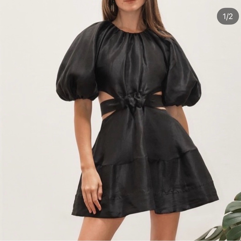 Aje Black Puff-Sleeve Cutout Mini Dress